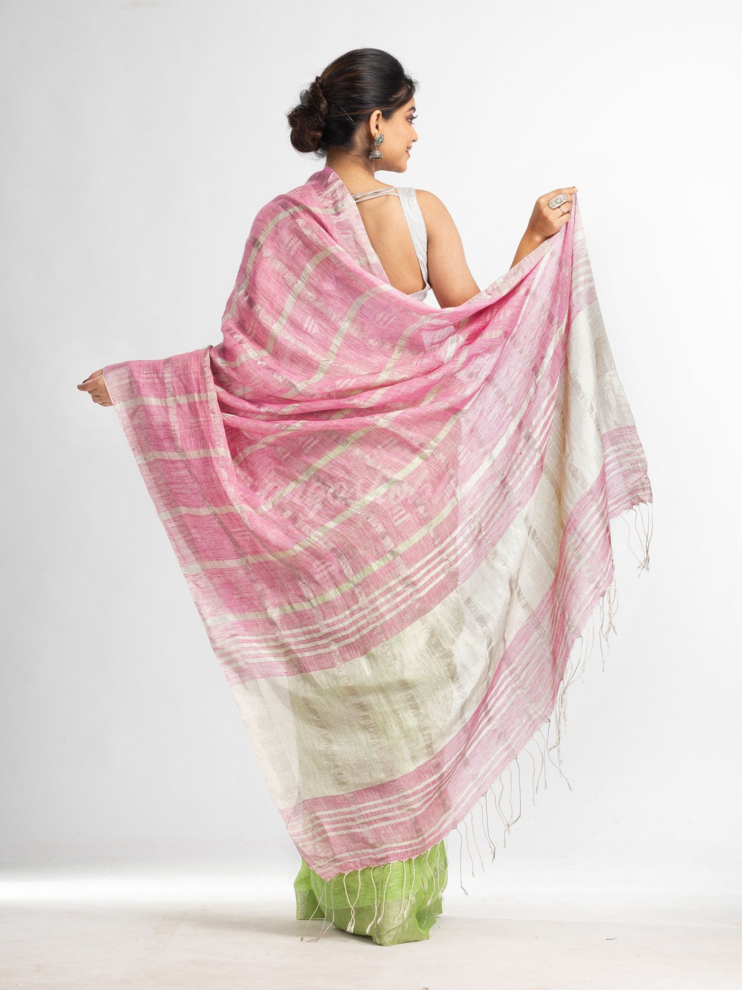 green pink half and half ziri check with silver zari pallu in zari border handwoven linen saree
