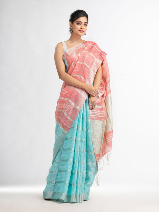 Sky pink half and half zori check with silver zori pallu in zori border handwoven linen saree