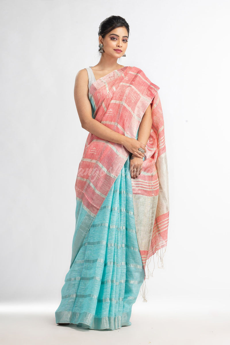 Sky pink half and half zori check with silver zori pallu in zori border handwoven linen saree