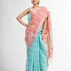 Sky pink half and half zori check with silver zori pallu in zori border handwoven linen saree
