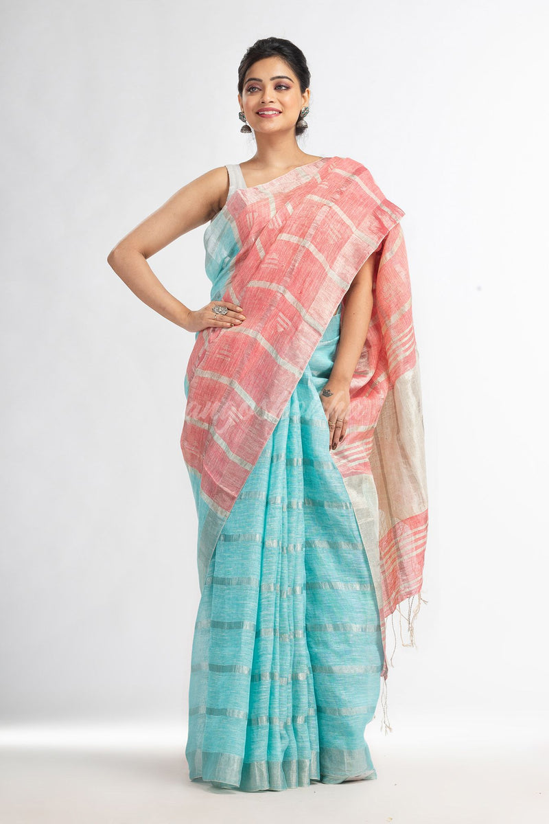Sky pink half and half zori check with silver zori pallu in zori border handwoven linen saree