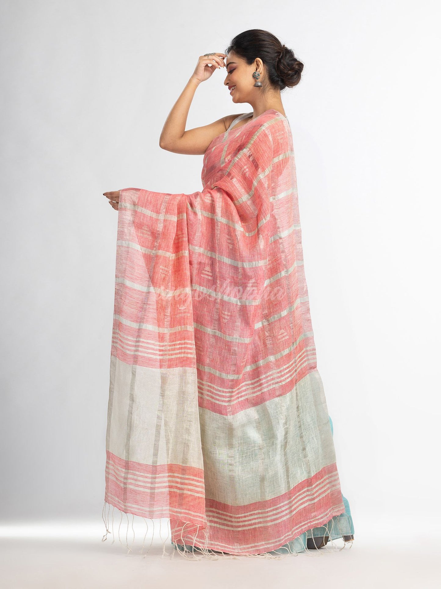 Sky pink half and half zori check with silver zori pallu in zori border handwoven linen saree