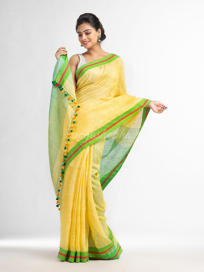 Yellow with green pallu in multi colour broder handwoven linen saree