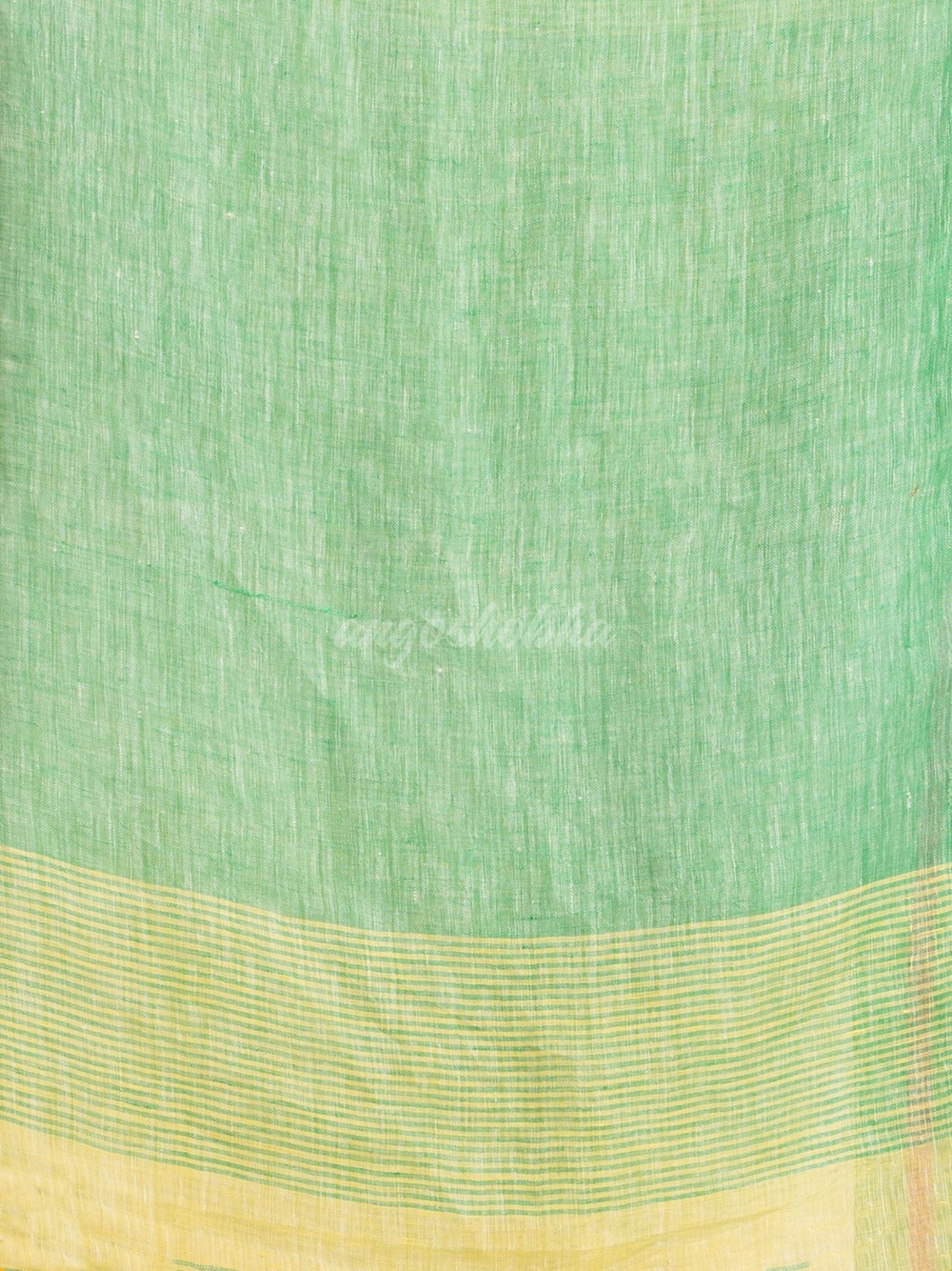 Yellow with green pallu in multi colour broder handwoven linen saree