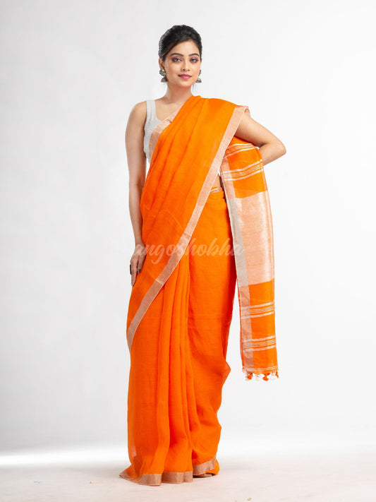 Orange with silver zari pallu in silver zari border handwoven linen saree