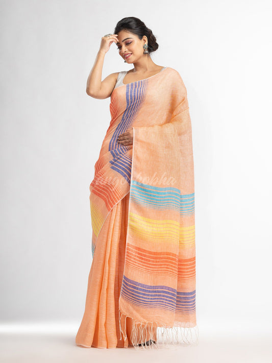 Peach with multi colour pallu handwoven linen saree