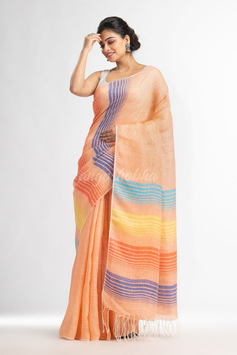 Peach with multi colour pallu handwoven linen saree