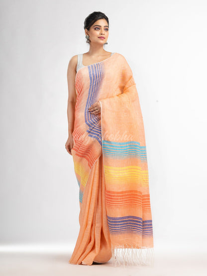 Peach with multi colour pallu handwoven linen saree