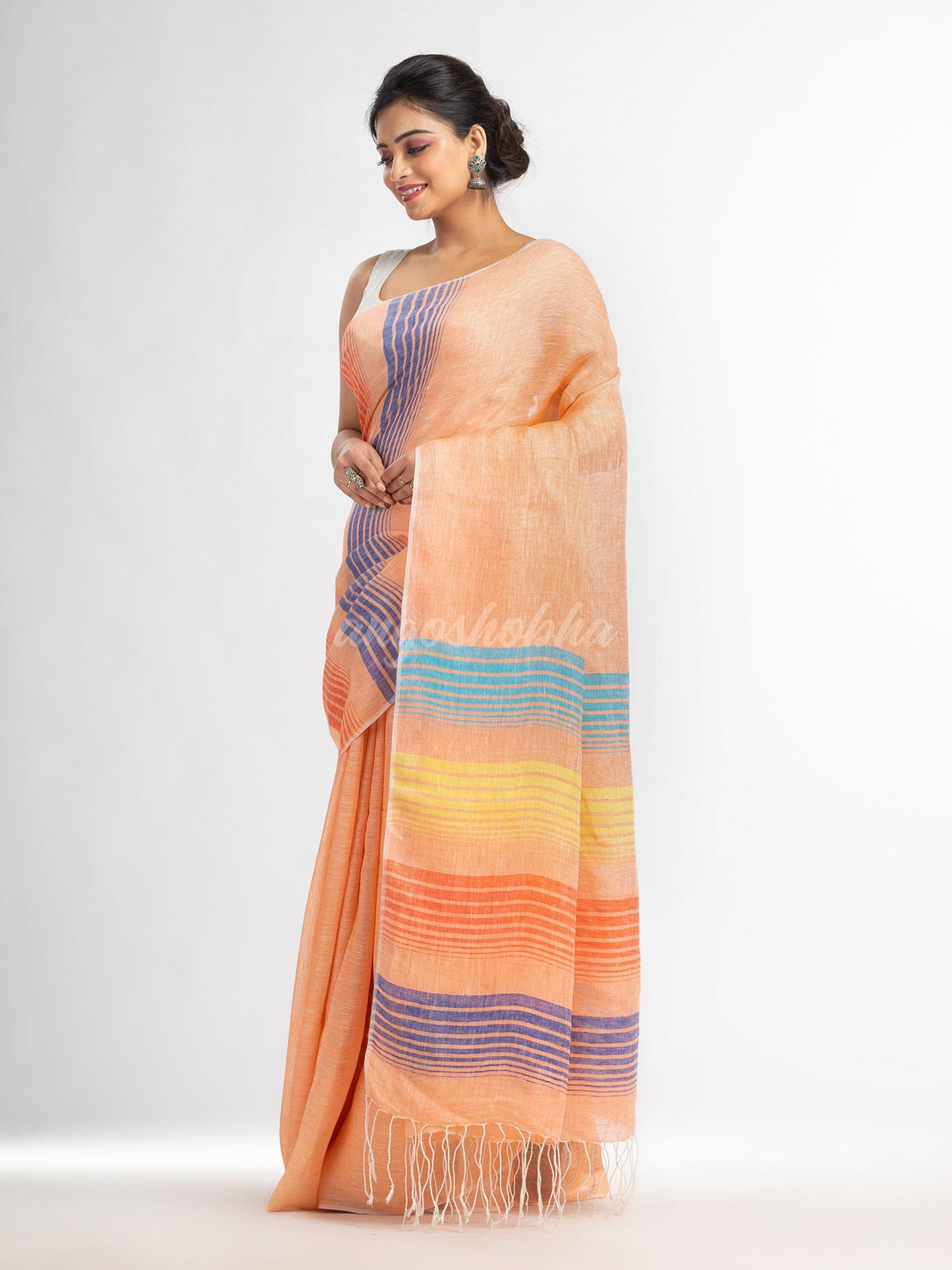 Peach with multi colour pallu handwoven linen saree