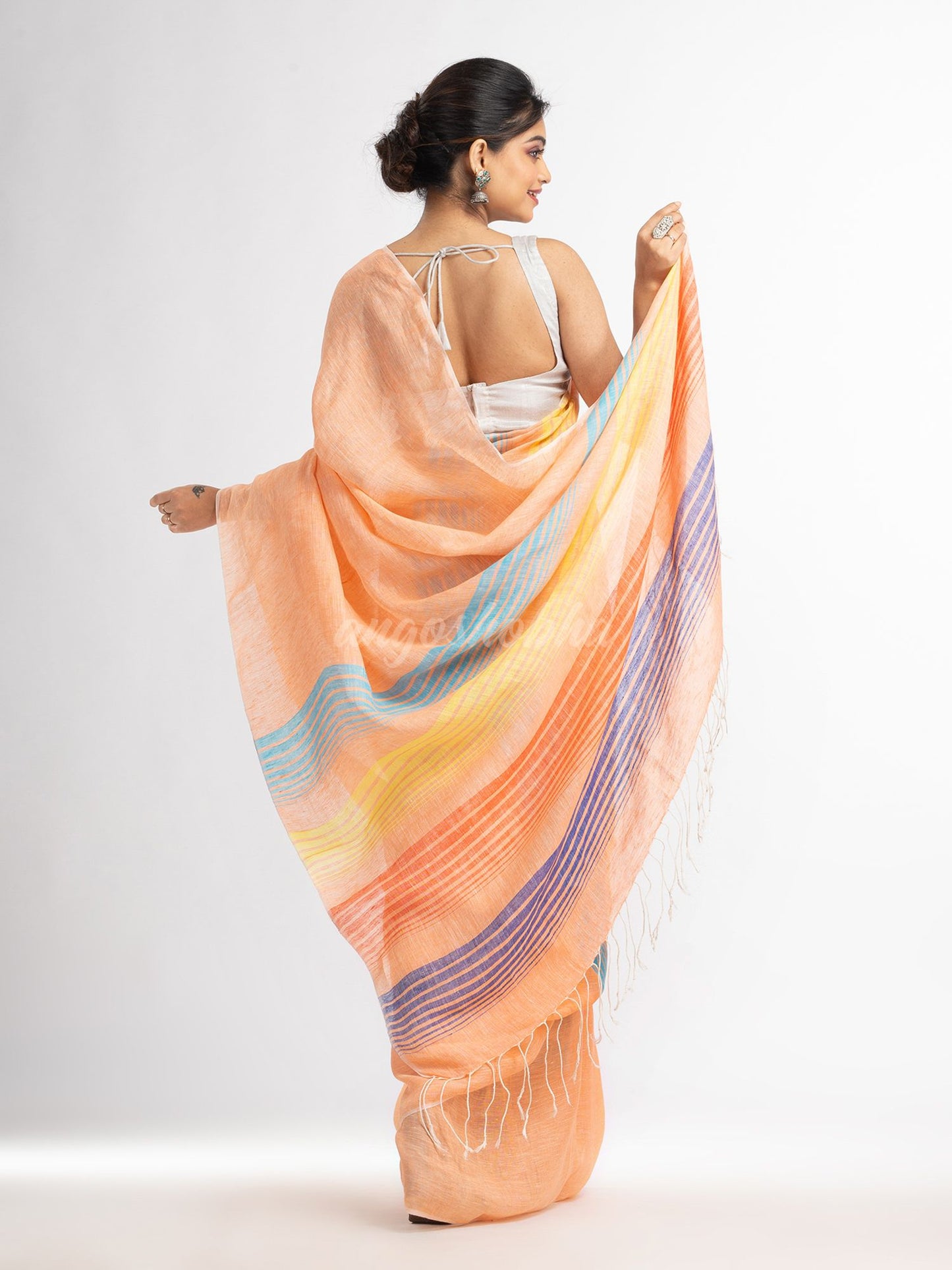 Peach with multi colour pallu handwoven linen saree