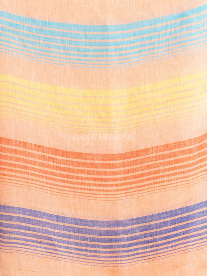 Peach with multi colour pallu handwoven linen saree