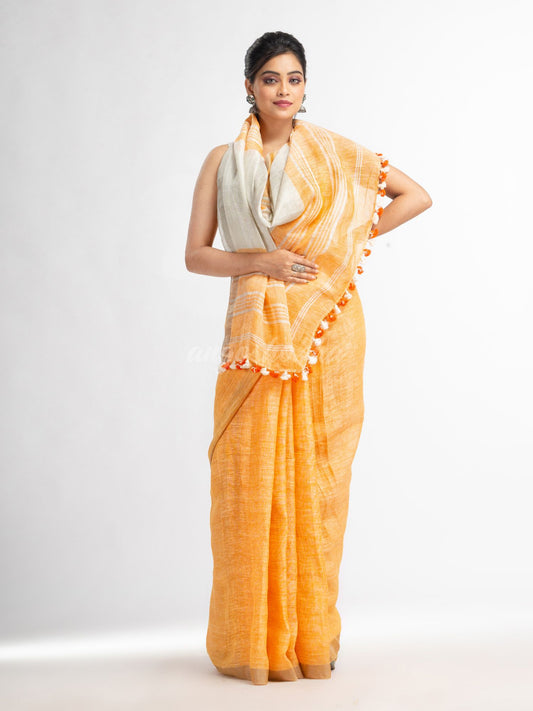 Orange with silver zari pallu in silver zari border handwoven linen saree