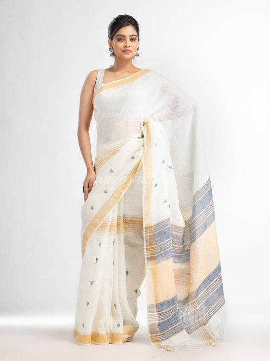 white half body buti with gold zari and navy blue pallu in gold zari border handwoven linen saree