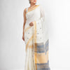 white half body buti with gold zari and navy blue pallu in gold zari border handwoven linen saree