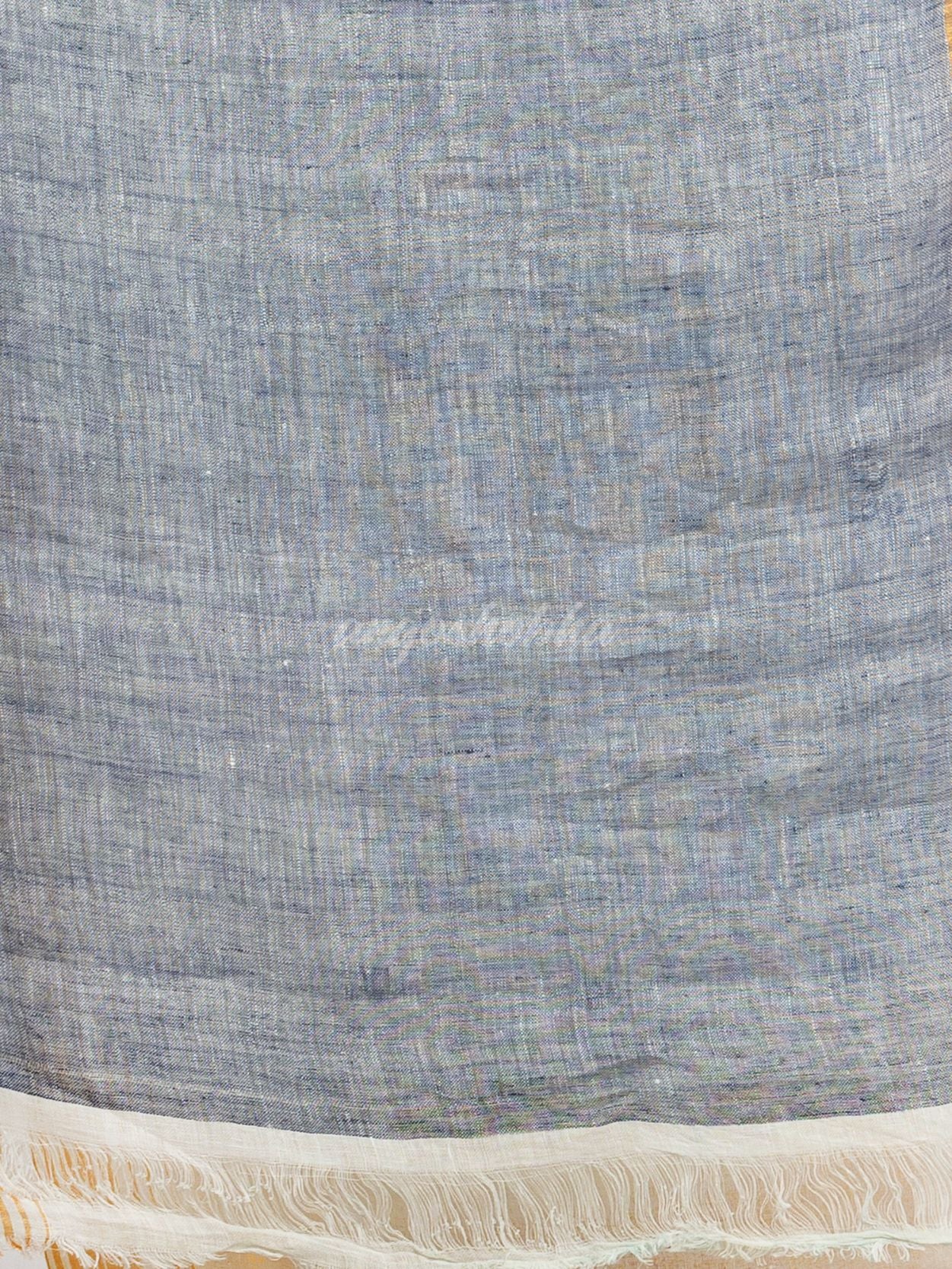 white half body buti with gold zari and navy blue pallu in gold zari border handwoven linen saree