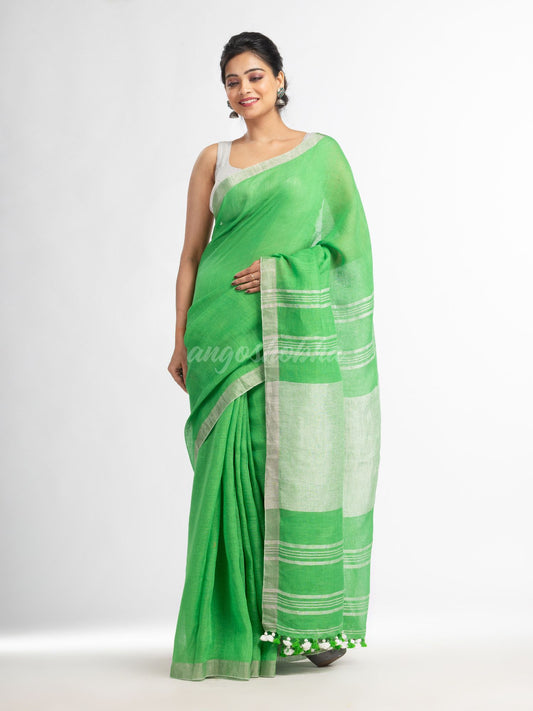 Green with silver zari pallu in silver zari border handwoven linen saree