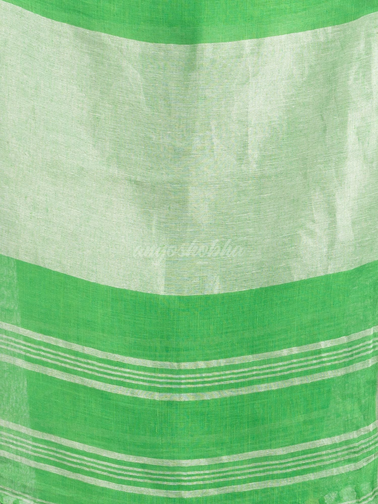 Green with silver zari pallu in silver zari border handwoven linen saree