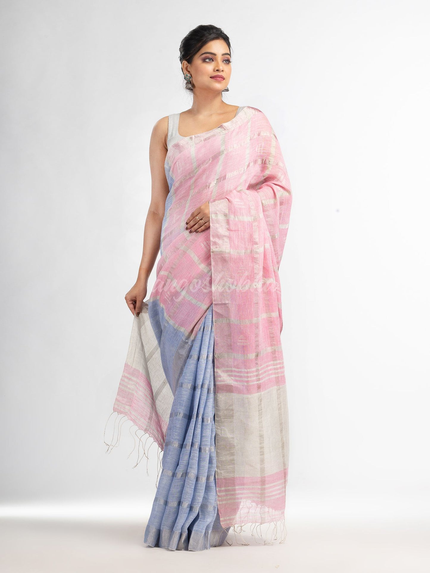 Light sky pink half and half ziri check with silver zari pallu in zari border handwoven linen saree