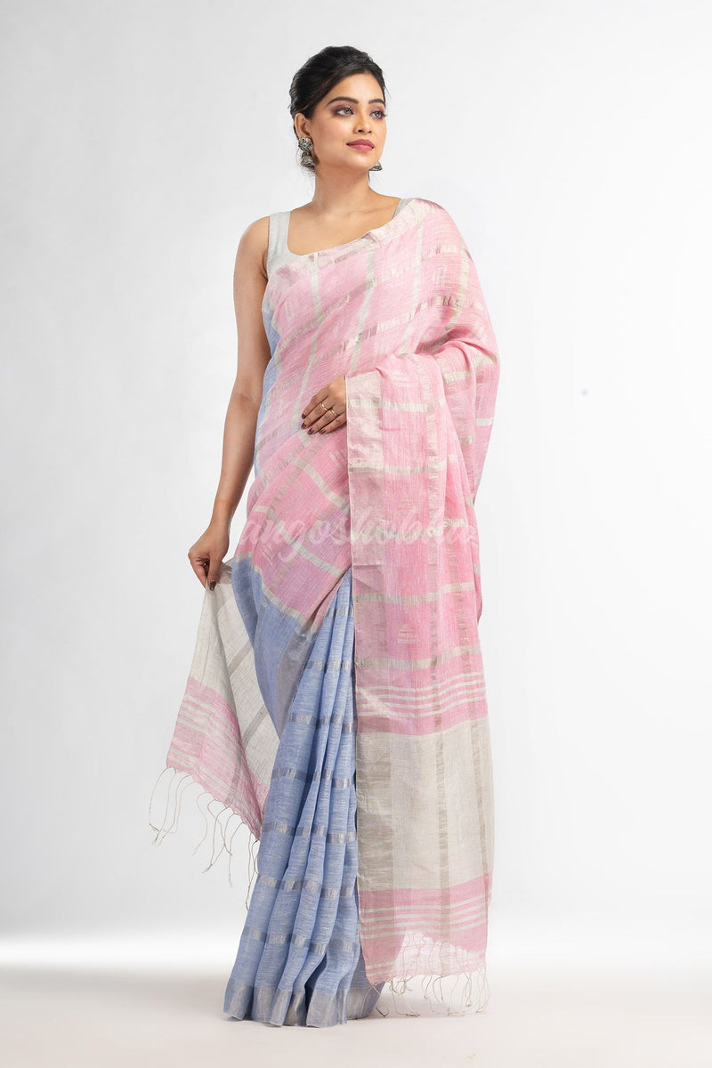 Light sky pink half and half ziri check with silver zari pallu in zari border handwoven linen saree