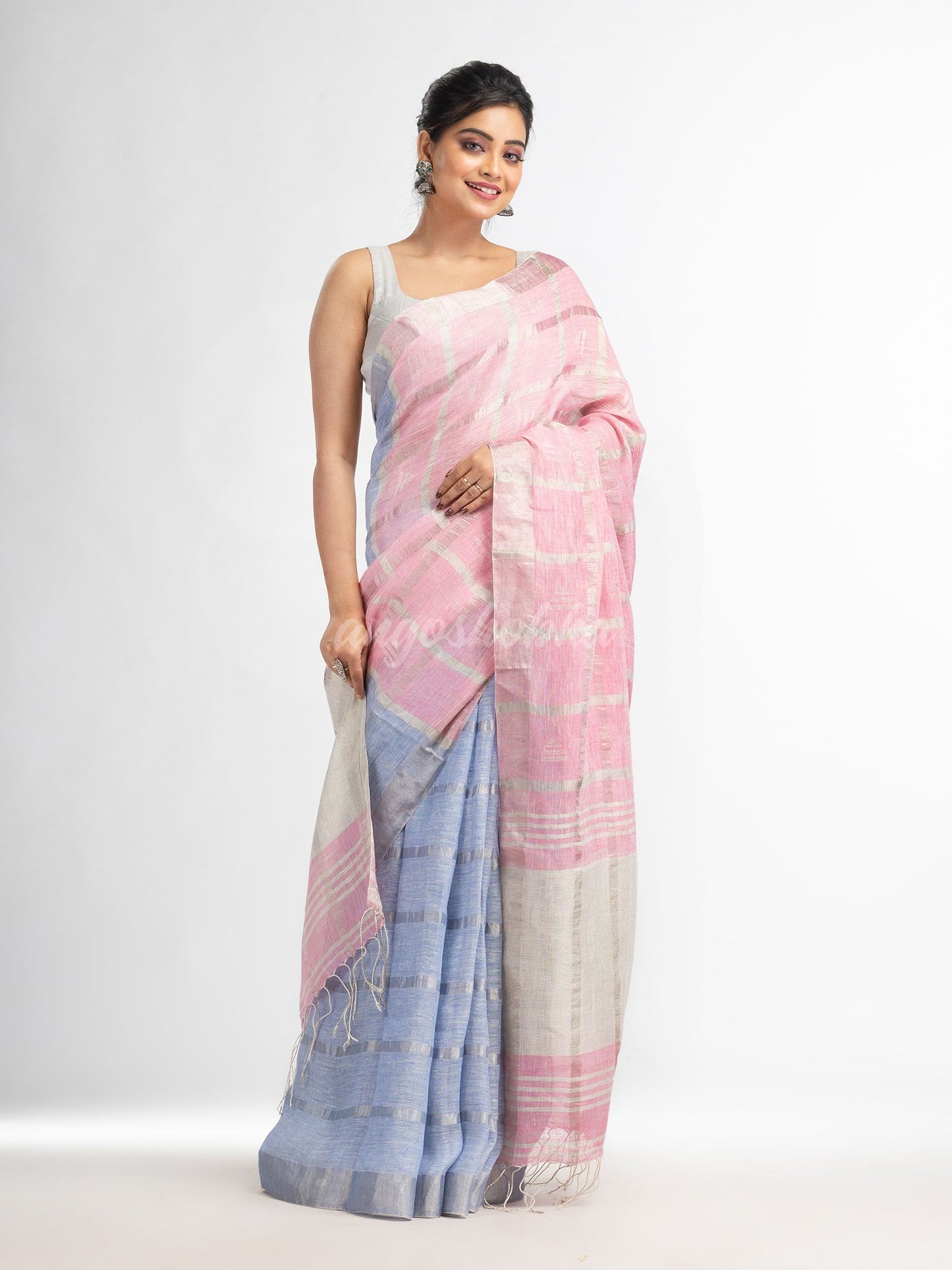 Light sky pink half and half ziri check with silver zari pallu in zari border handwoven linen saree