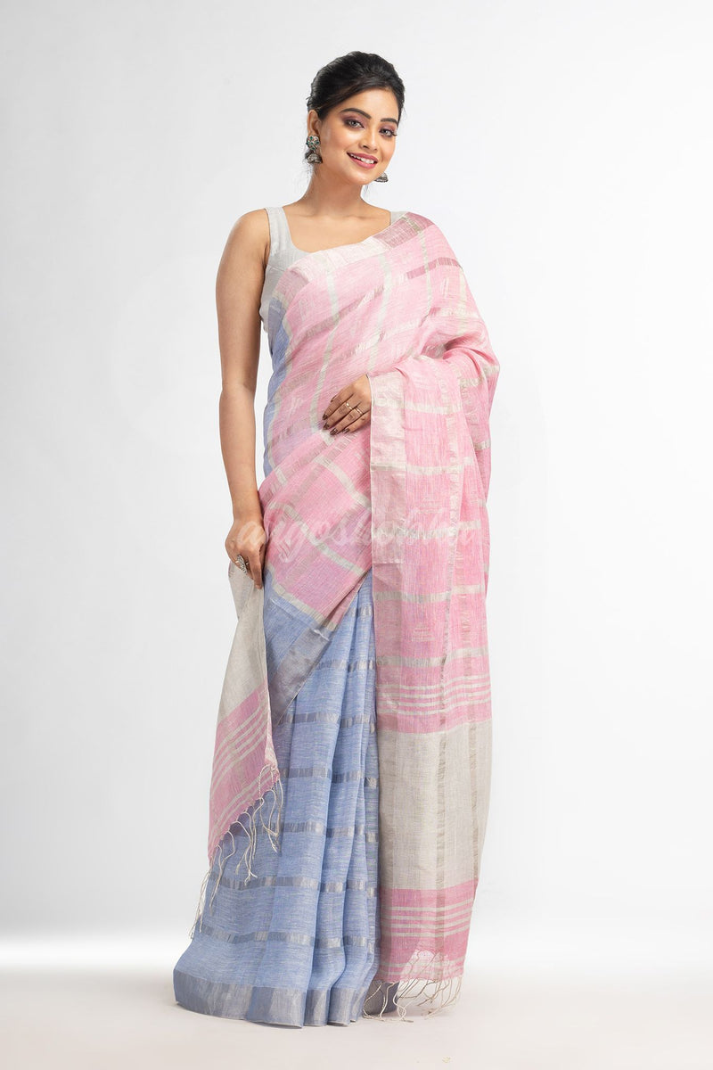 Light sky pink half and half ziri check with silver zari pallu in zari border handwoven linen saree