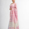 Light sky pink half and half ziri check with silver zari pallu in zari border handwoven linen saree