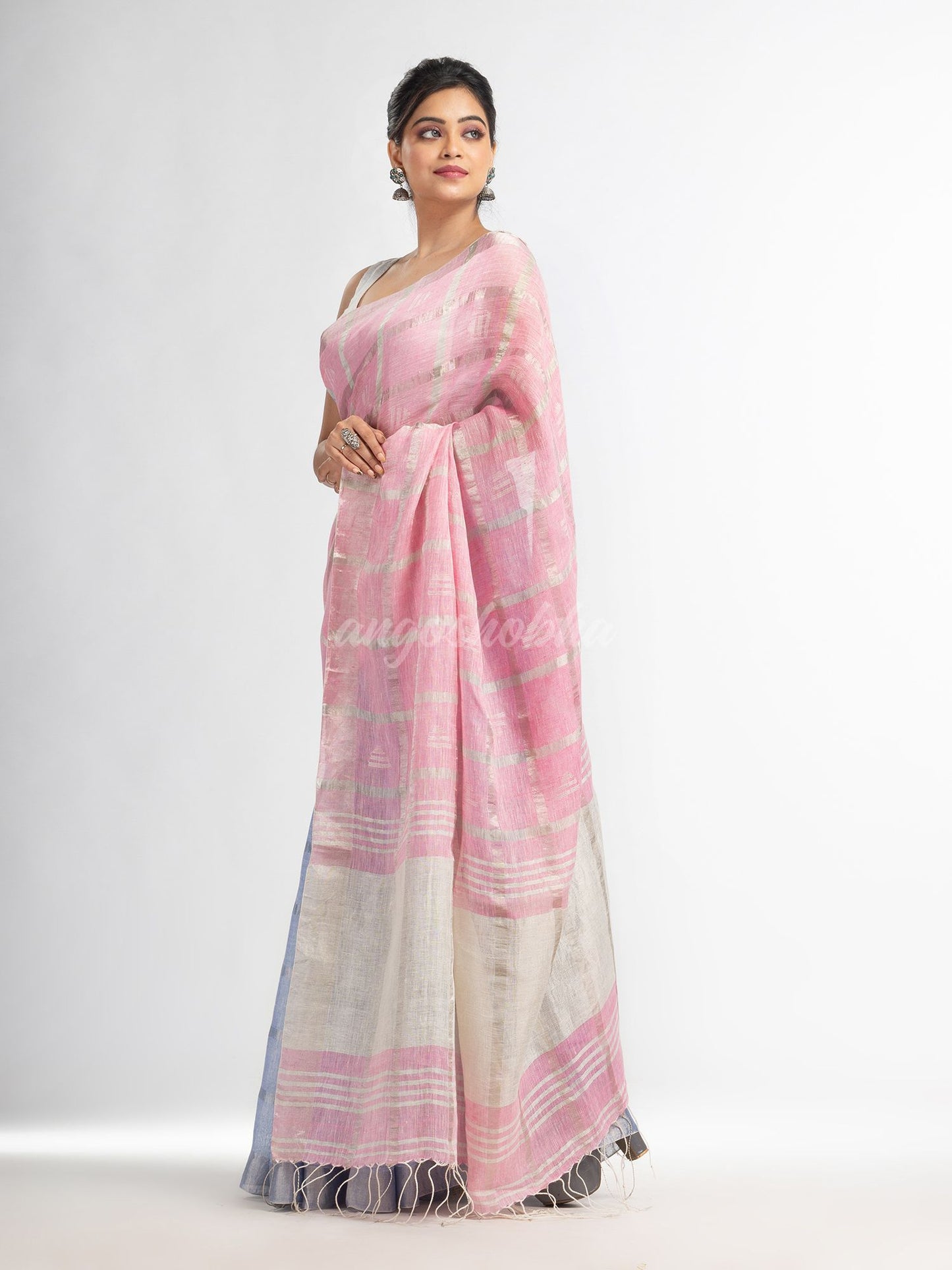 Light sky pink half and half ziri check with silver zari pallu in zari border handwoven linen saree