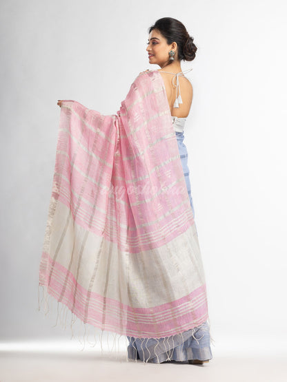 Light sky pink half and half ziri check with silver zari pallu in zari border handwoven linen saree