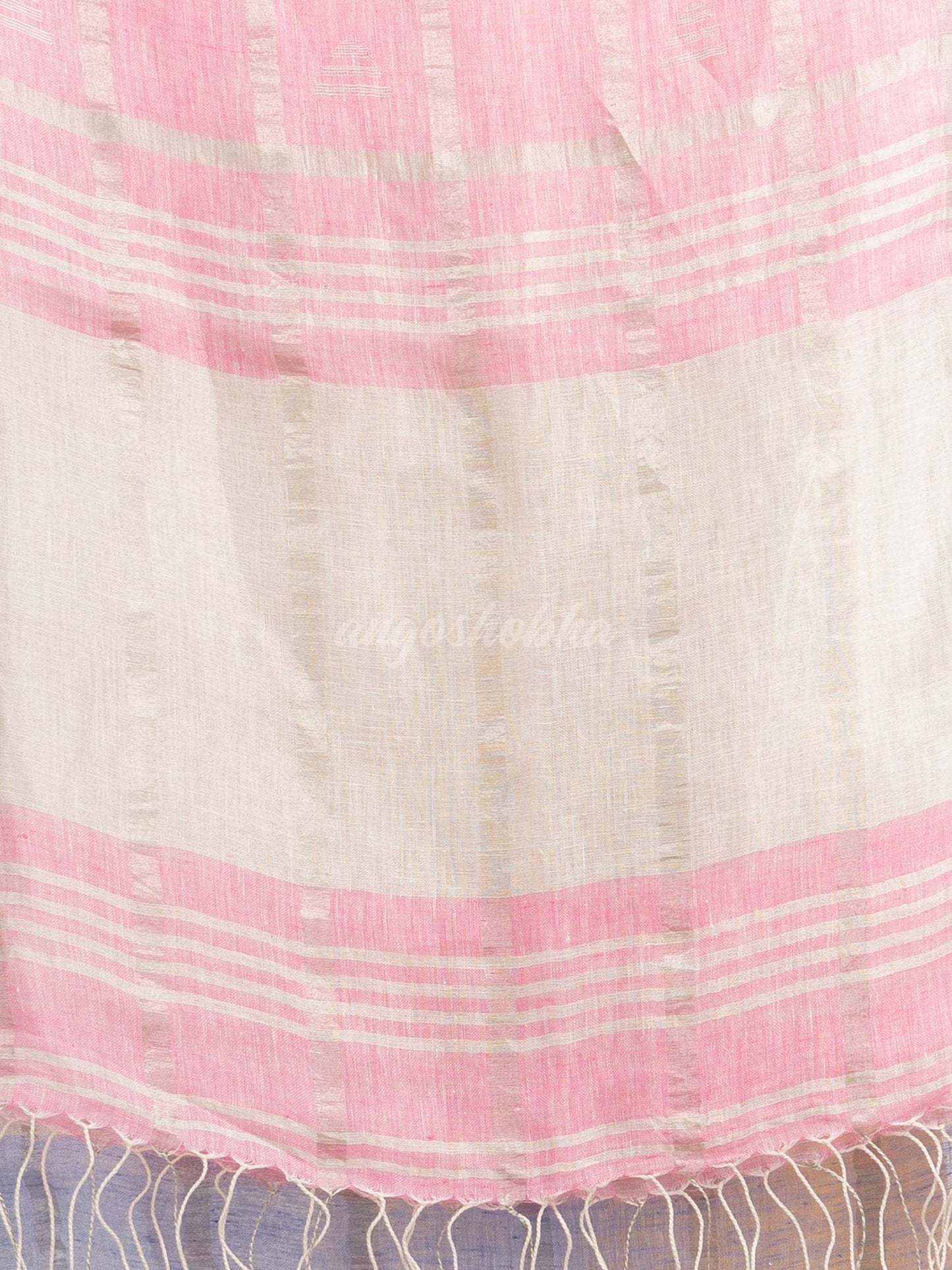 Light sky pink half and half ziri check with silver zari pallu in zari border handwoven linen saree