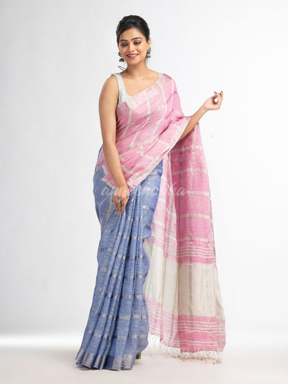 Drak sky pink half and half ziri check with silver zari pallu in zari border handwoven linen saree