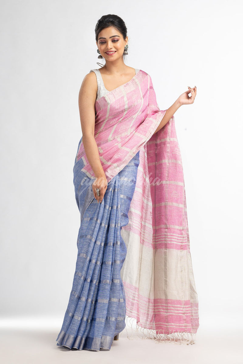 Drak sky pink half and half ziri check with silver zari pallu in zari border handwoven linen saree