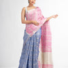 Drak sky pink half and half ziri check with silver zari pallu in zari border handwoven linen saree