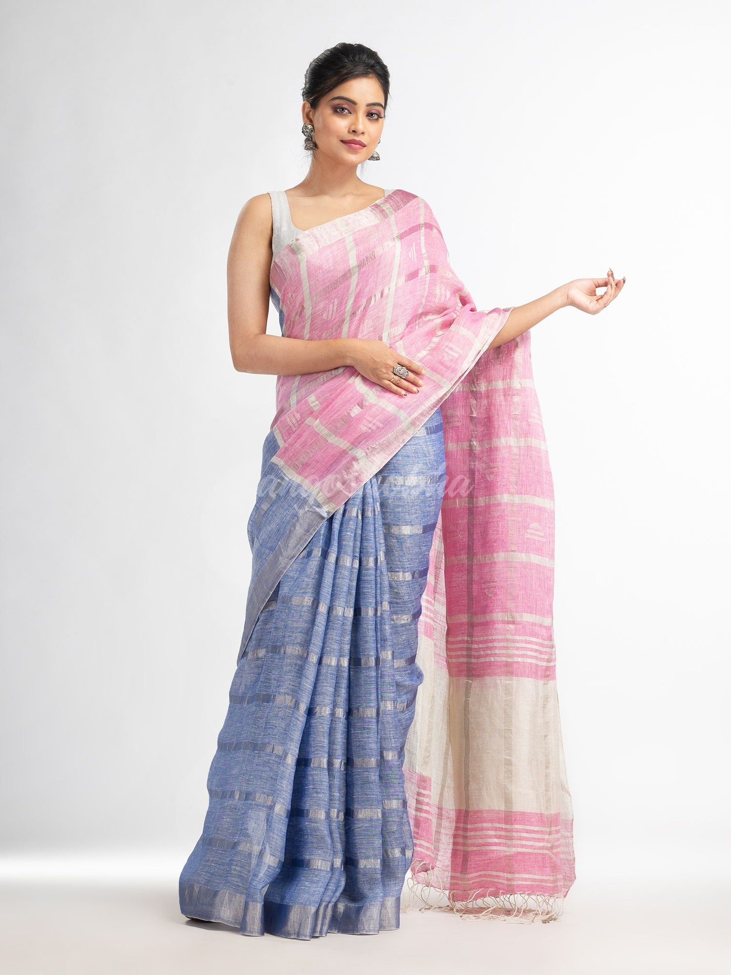 Drak sky pink half and half ziri check with silver zari pallu in zari border handwoven linen saree