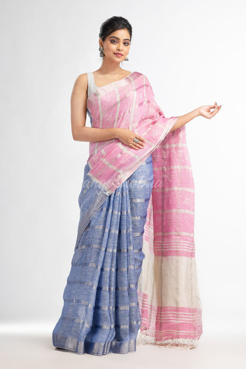 Drak sky pink half and half ziri check with silver zari pallu in zari border handwoven linen saree