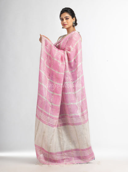 Drak sky pink half and half ziri check with silver zari pallu in zari border handwoven linen saree