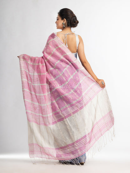 Drak sky pink half and half ziri check with silver zari pallu in zari border handwoven linen saree