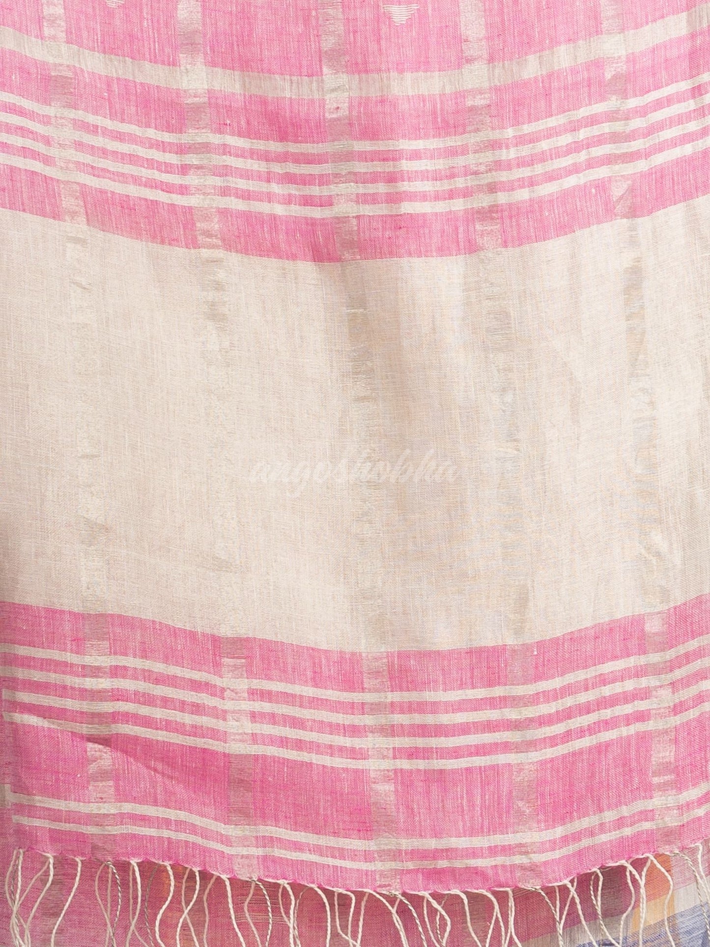 Drak sky pink half and half ziri check with silver zari pallu in zari border handwoven linen saree