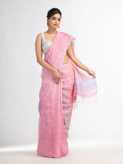 Pink with multi colour pallu handwoven linen saree