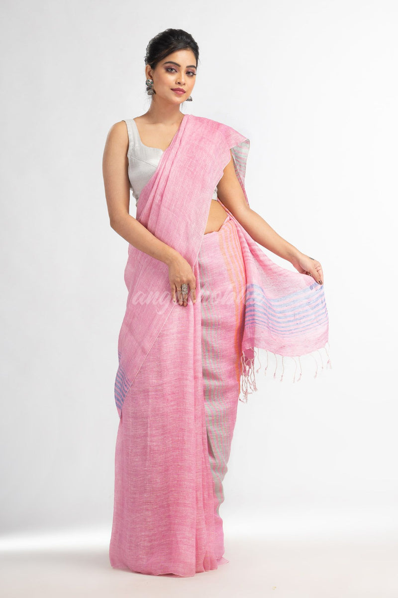 Pink with multi colour pallu handwoven linen saree