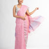 Pink with multi colour pallu handwoven linen saree