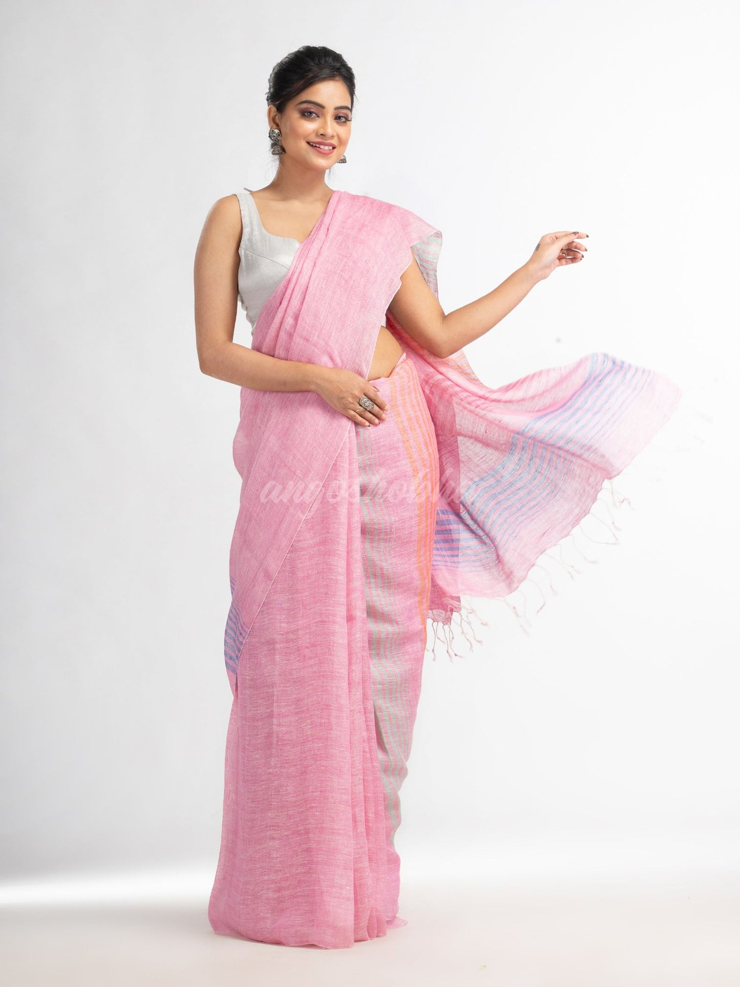 Pink with multi colour pallu handwoven linen saree