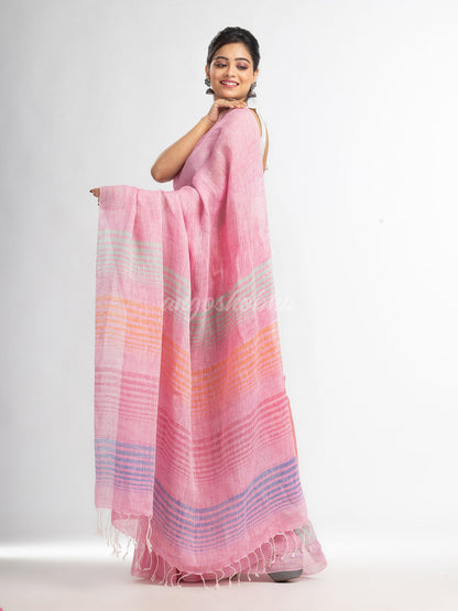 Pink with multi colour pallu handwoven linen saree