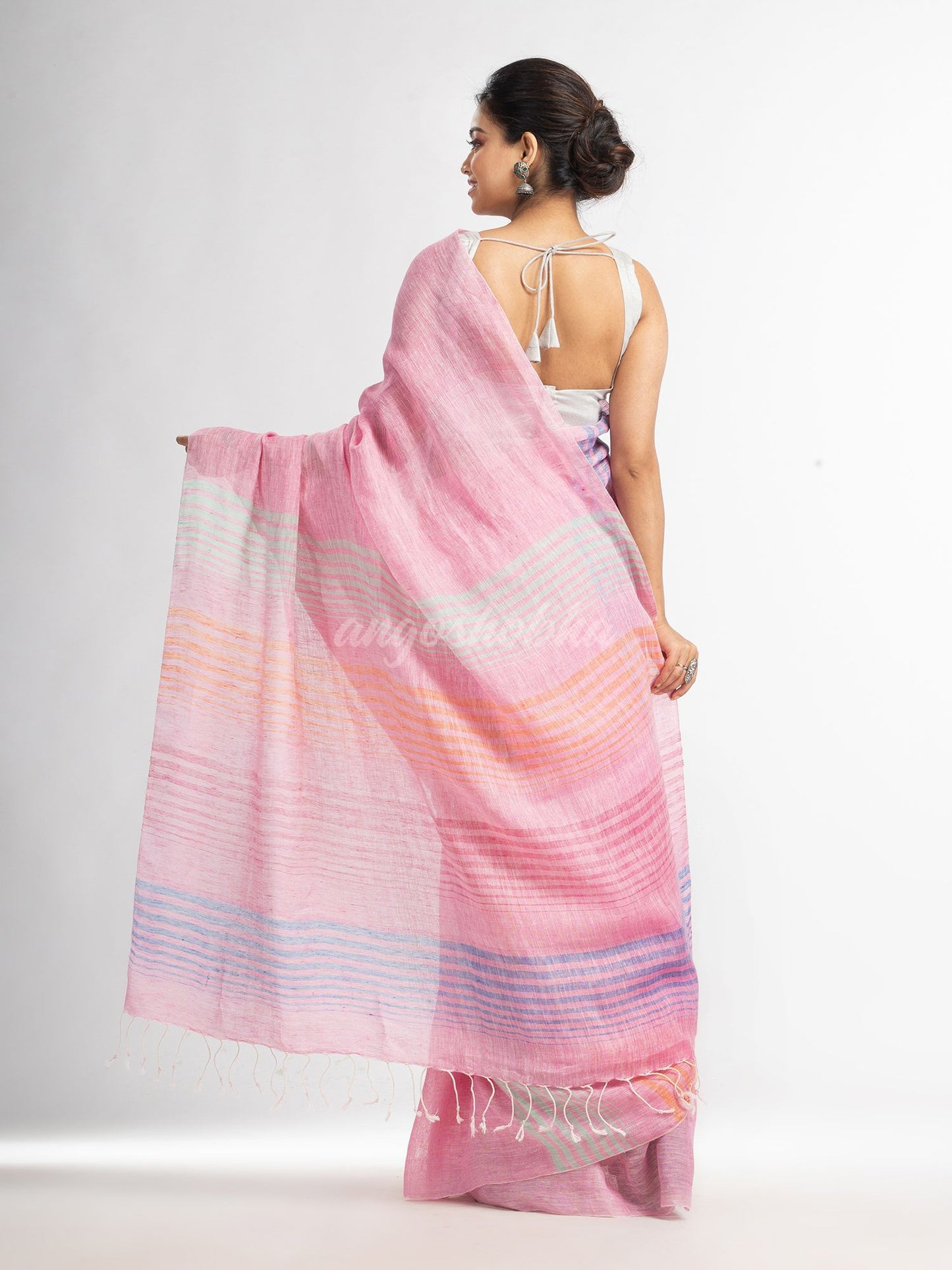 Pink with multi colour pallu handwoven linen saree