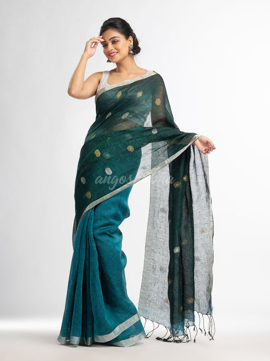 Sky blue bottle green half and half with ball buti pallu in silver zari border handwoven linen saree