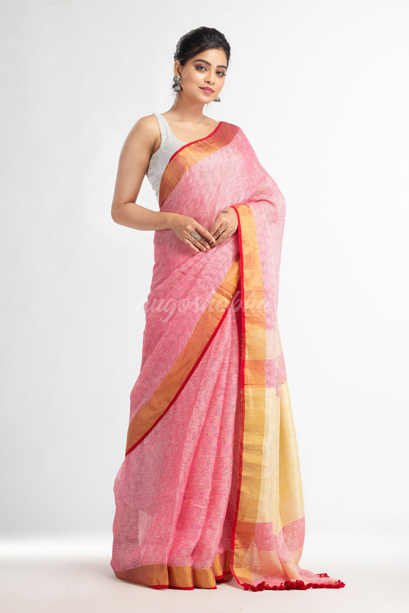 Red all body jacquard weaving gold zari pallu  with gold zari border handwoven linen saree