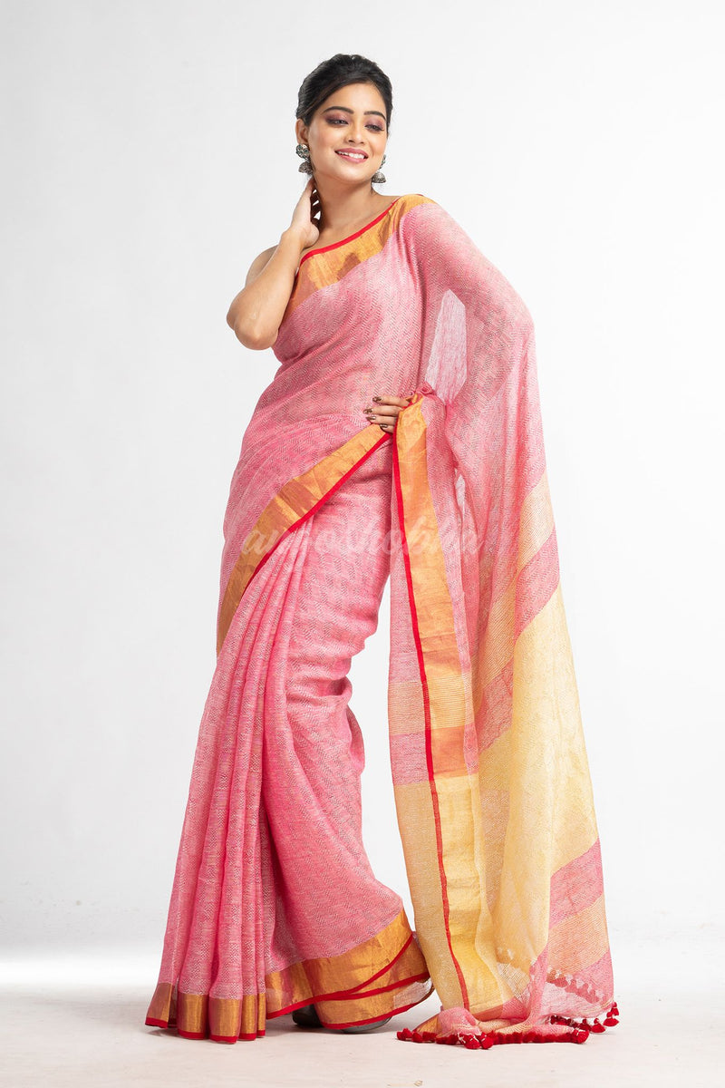 Red all body jacquard weaving gold zari pallu  with gold zari border handwoven linen saree