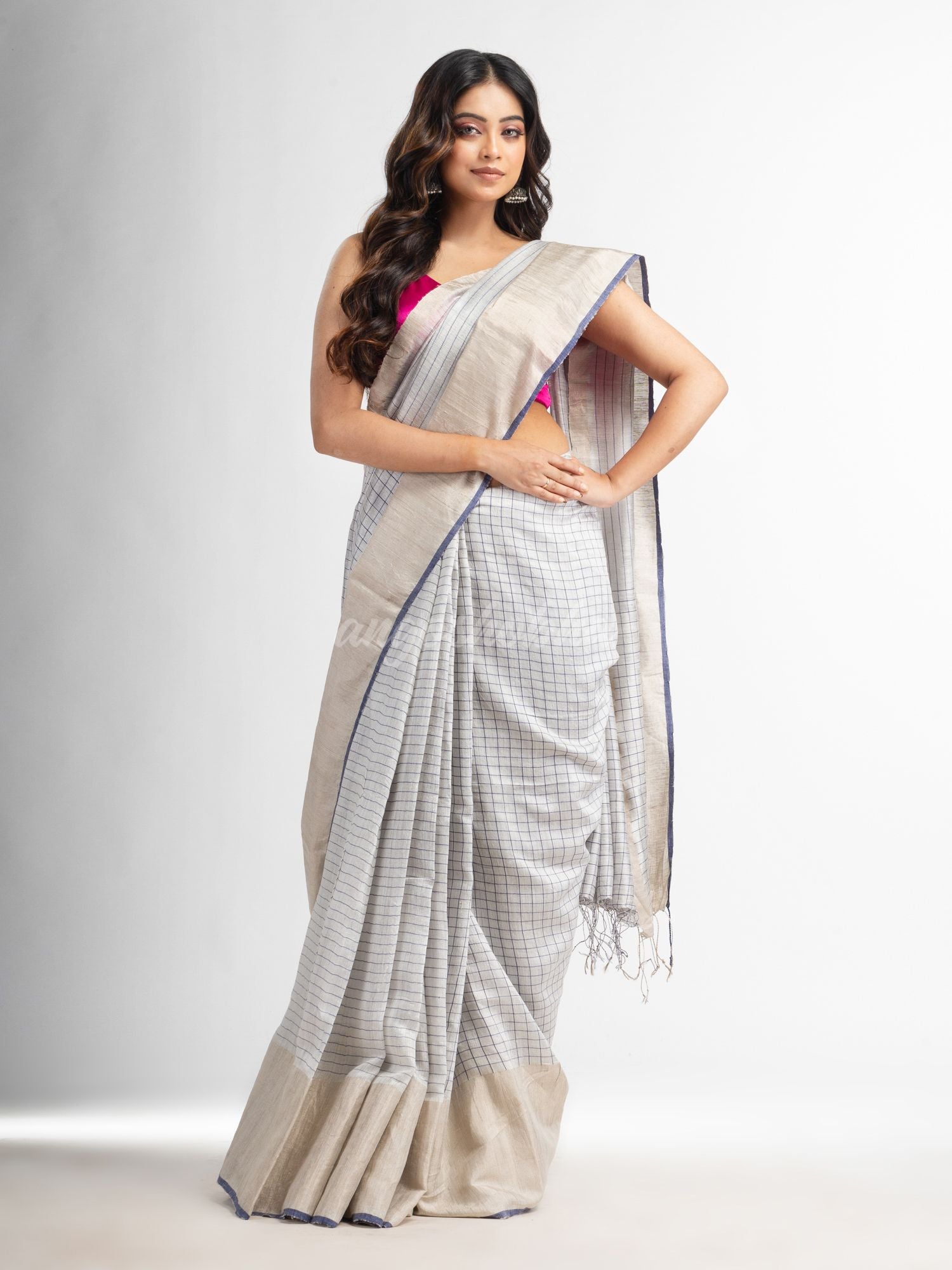 Silk matka check silver zari border handwoven saree