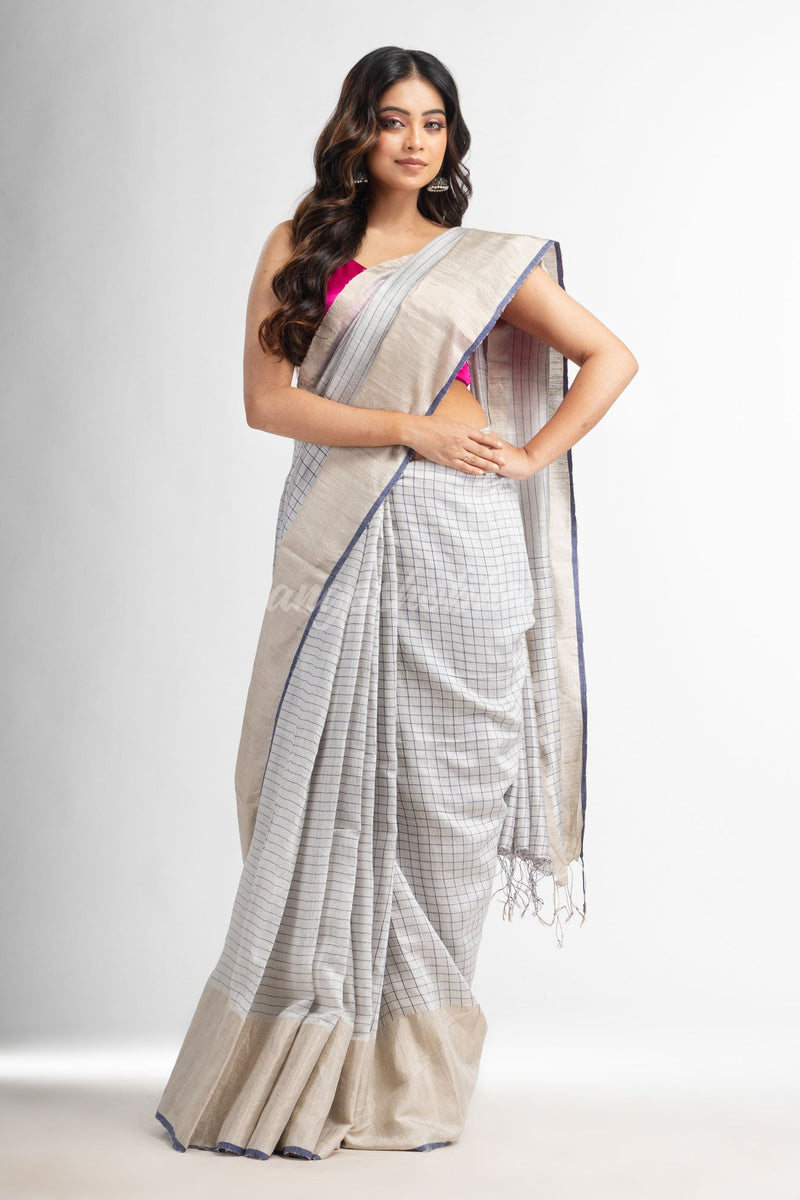 Silk matka check silver zari border handwoven saree