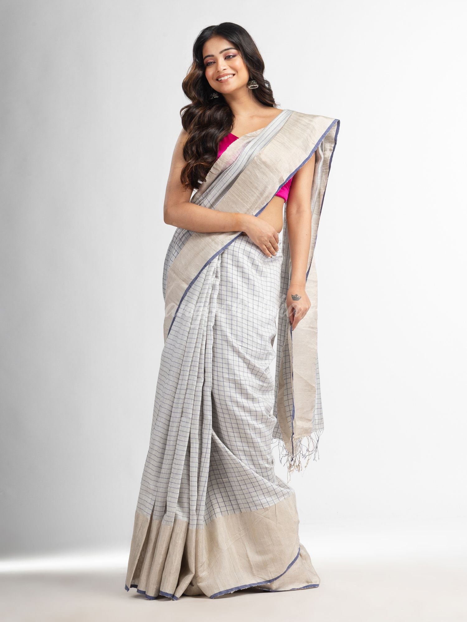Silk matka check silver zari border handwoven saree