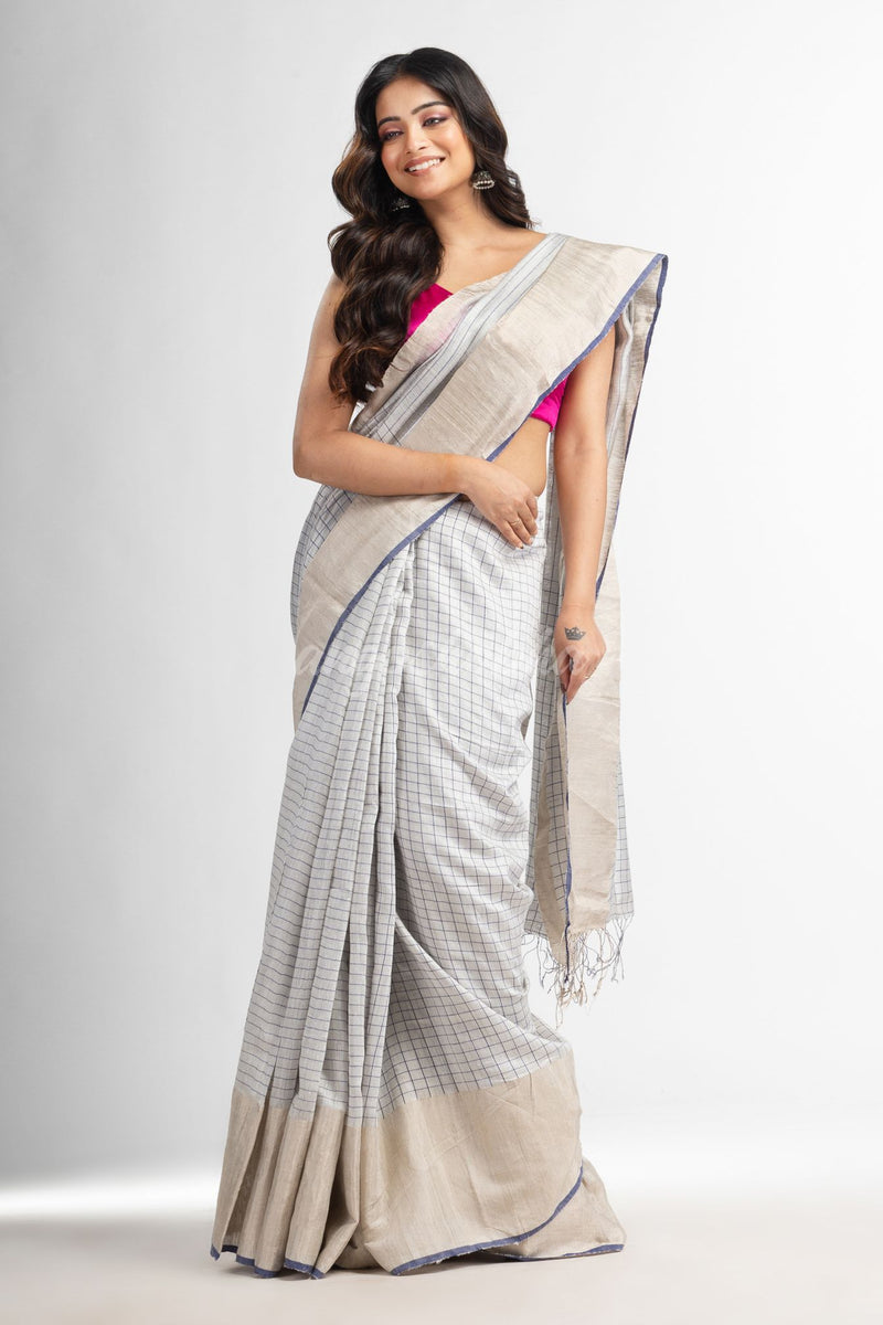 Silk matka check silver zari border handwoven saree